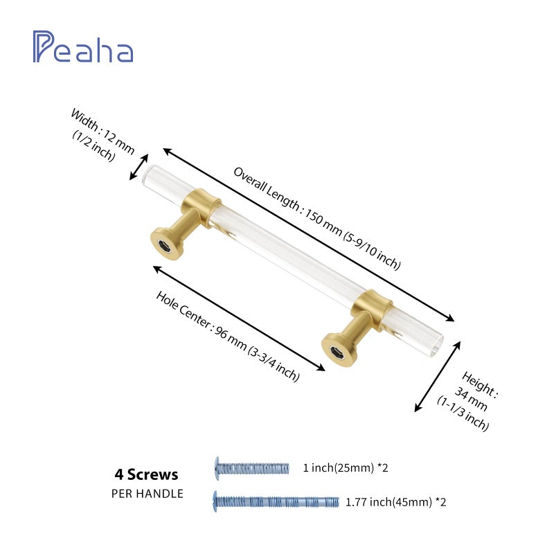 Peaha 10 Pack 3-3/4 Inch Acrylic Cabinet Pulls Gold Drawer Handles Brushed Brass Hardware Zinc Alloy for Dresser Cupboard Kitchen - Image 2